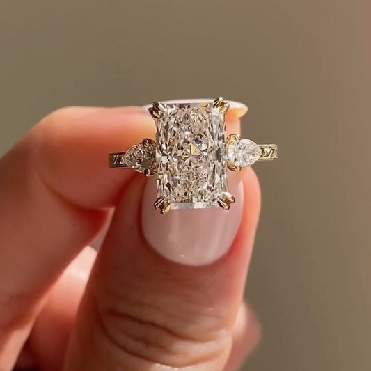 4 CT Radiant Cut Three Stone Side Pear Moissanite Engagement Wedding Anniversary Ring - Kazara Diam