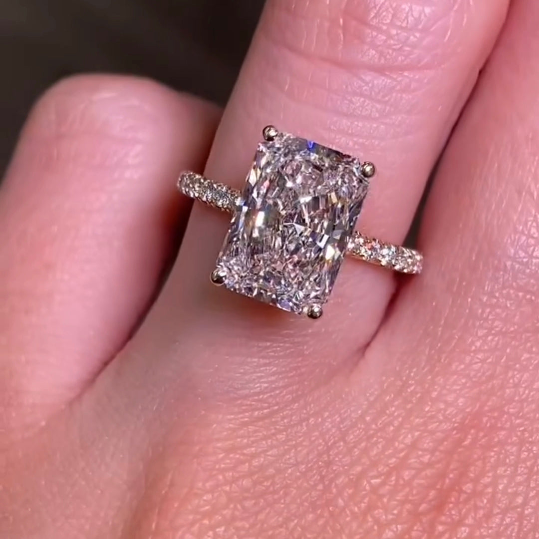 4 CT Radiant Cut Lab Grown Diamond Hidden Halo Ring on Finger