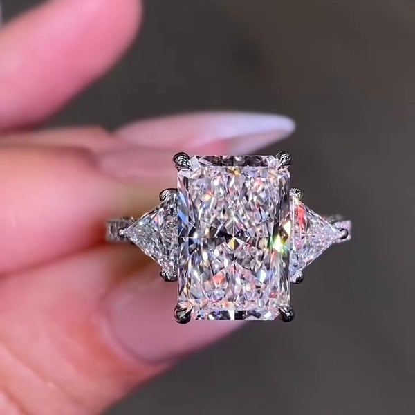 4 CT Radiant Cut Lab Grown Diamond Three Stone Ring with Trillion Side Stones