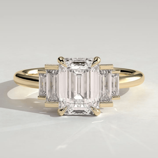 4CT Emerald 5 Stone Moissanite Engagement Ring with Graduating Baguette Shoulders - Kazara Diam