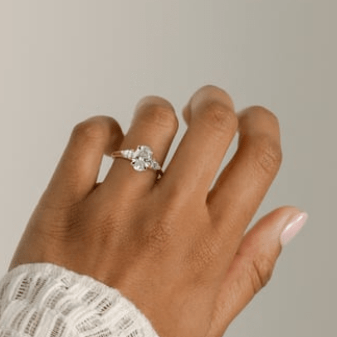 5CT Oval Cut Moissanite Claw Trilogy with Pear Side Stones and Cathedral Setting Engagement Ring - Kazara Diam