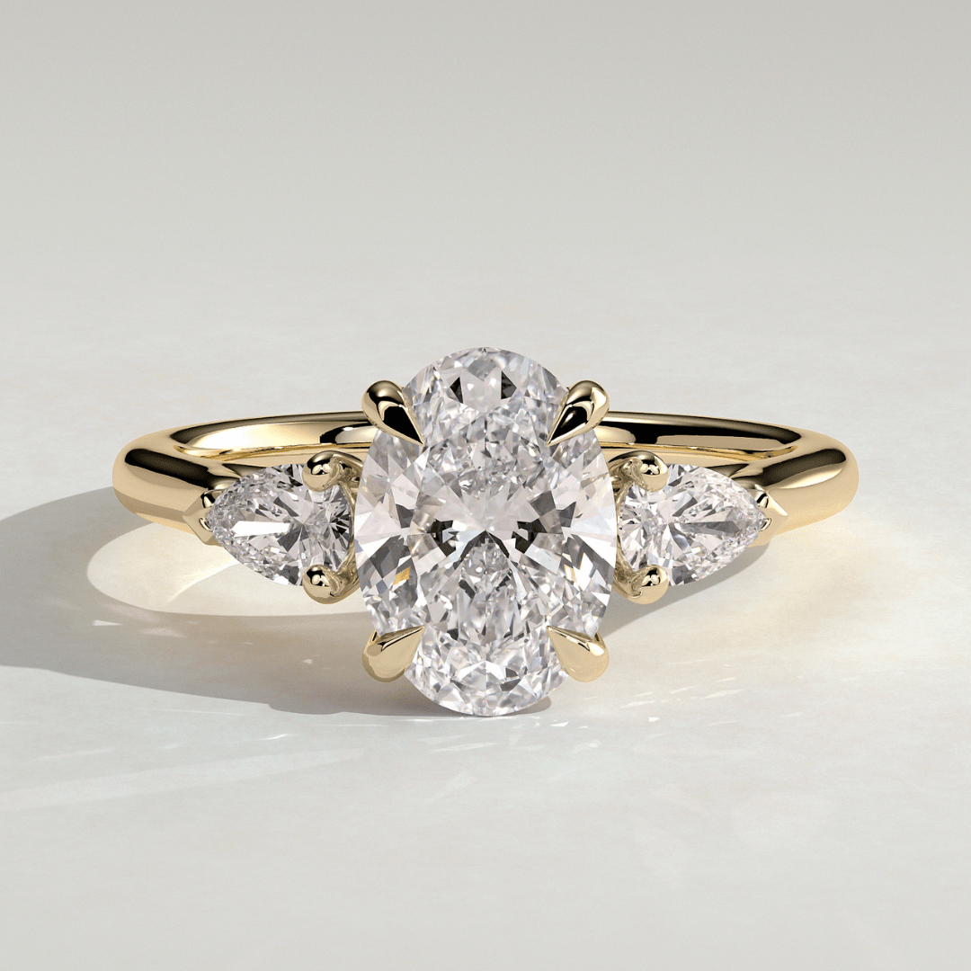 5CT Oval Cut Moissanite Claw Trilogy with Pear Side Stones and Cathedral Setting Engagement Ring - Kazara Diam