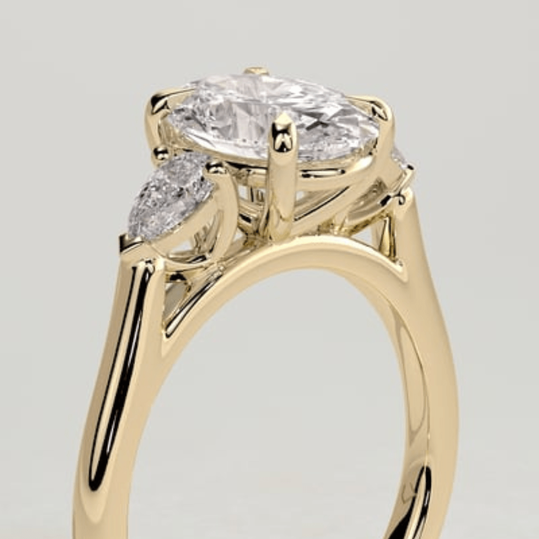 5CT Oval Cut Moissanite Claw Trilogy with Pear Side Stones and Cathedral Setting Engagement Ring - Kazara Diam