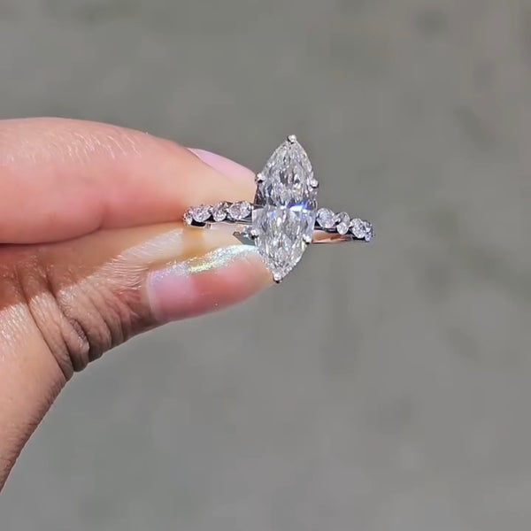 2.5 CT Marquise Cut Lab Grown Diamond Ring with Marquise & Round Side Stones
