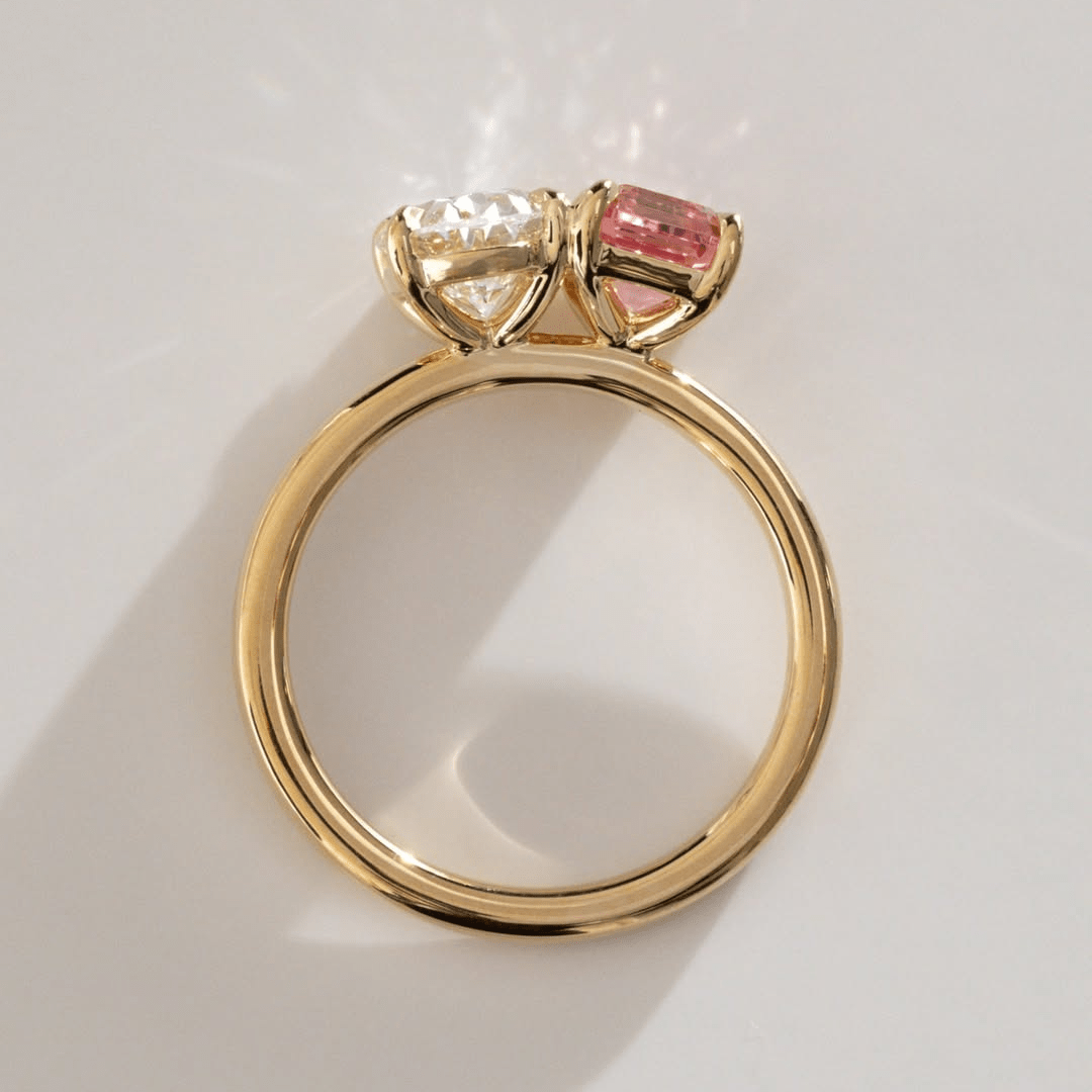 Eternal Harmony 5.00 TCW Toi Et Moi Moissanite Oval & Pink Emerald Cut Engagement Ring - Kazara Diam