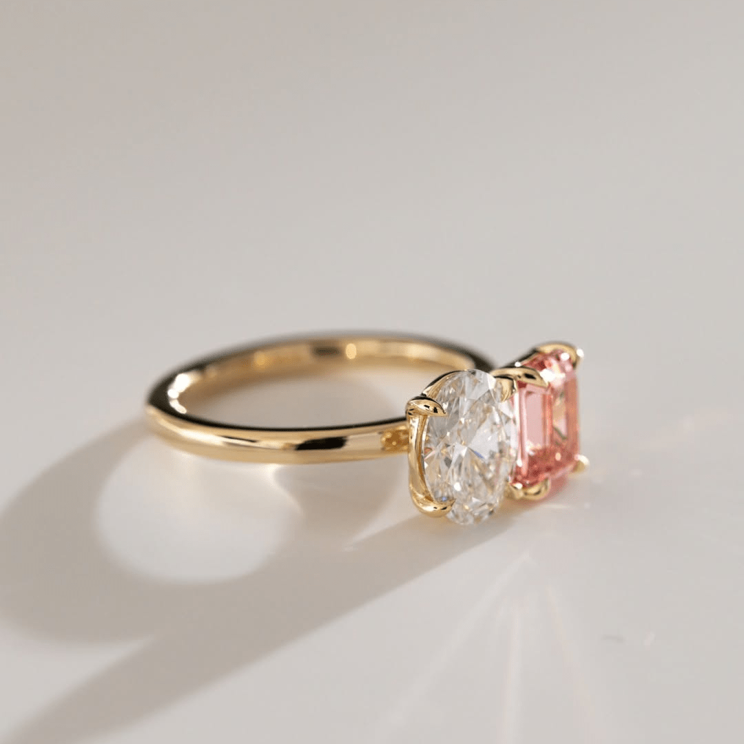Eternal Harmony 5.00 TCW Toi Et Moi Moissanite Oval & Pink Emerald Cut Engagement Ring - Kazara Diam