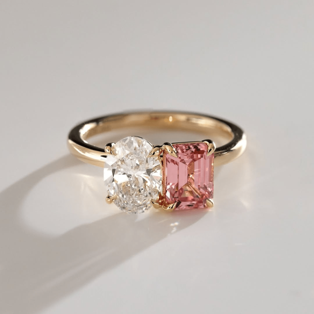 Eternal Harmony 5.00 TCW Toi Et Moi Moissanite Oval & Pink Emerald Cut Engagement Ring - Kazara Diam