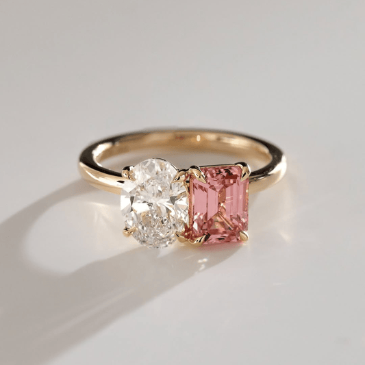 Eternal Harmony 5.00 TCW Toi Et Moi Moissanite Oval & Pink Emerald Cut Engagement Ring - Kazara Diam