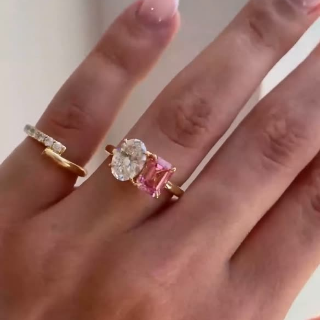 Eternal Harmony 5.00 TCW Toi Et Moi Moissanite Oval & Pink Emerald Cut Engagement Ring - Kazara Diam