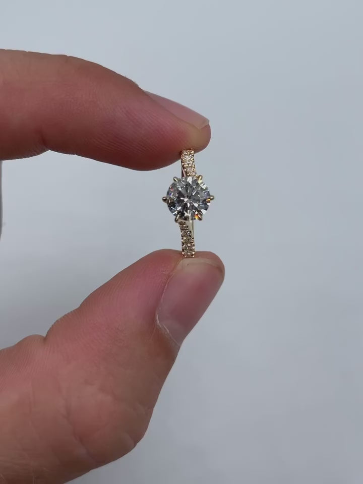 1.0CT Round Cut Moissanite Solitaire Ring with Pavé Band – Classic Engagement Ring
