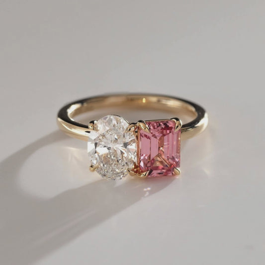 Eternal Harmony 5.00 TCW Toi Et Moi Moissanite Oval & Pink Emerald Cut Engagement Ring