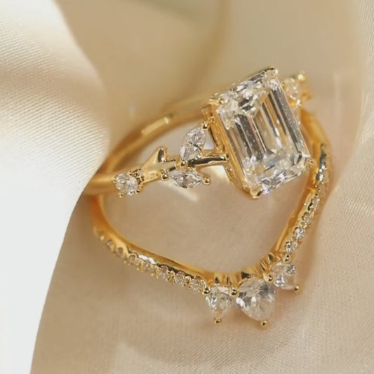 2.5 CT Emerald Cut Moissanite Unique Bridal Wedding Promise Ring Set
