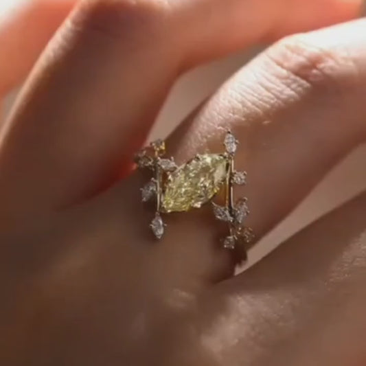 2.5CT Marquise Cut Yellow Moissanite Engagement Ring with Floral Marquise Accents Stone