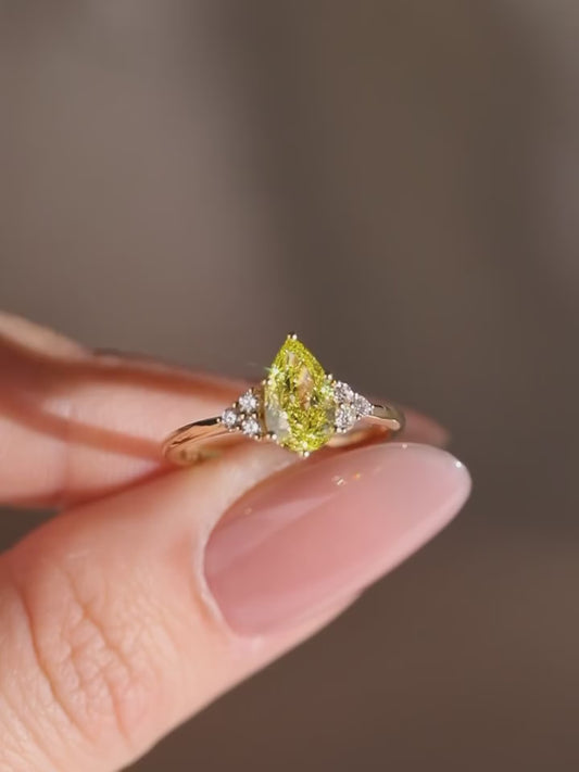 3.0CT Pear Cut Yellow Moissanite Engagement Ring with White Side Stones