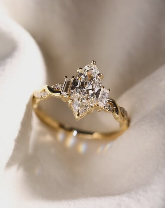 2.5CT Marquise Cut Moissanite Engagement Ring with Baguette Side Stones