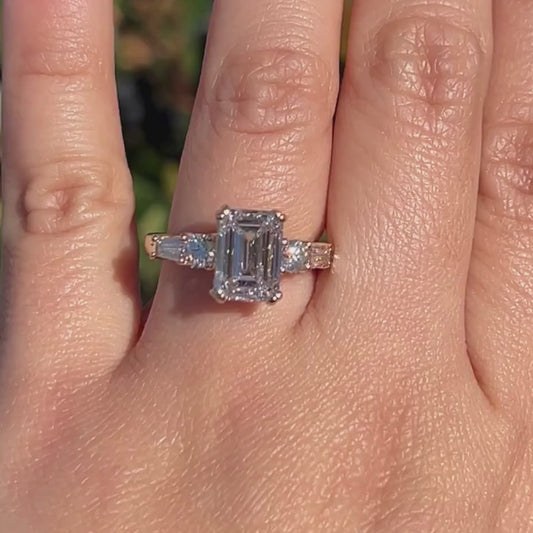 2.5 CT Imperial Emerald Cut Moissanite Three-Stone Ring Modern Heirloom Design