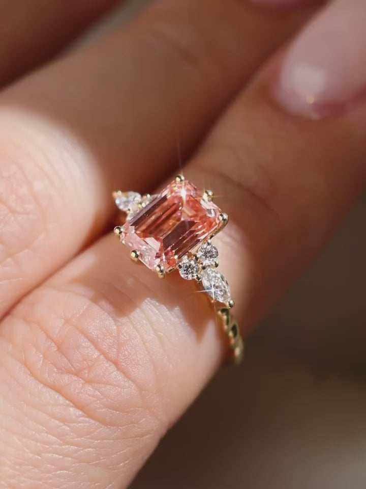 2.0CT Pink Moissanite Emerald Cut Ring with Accents Minimal & Elegant Jewelry